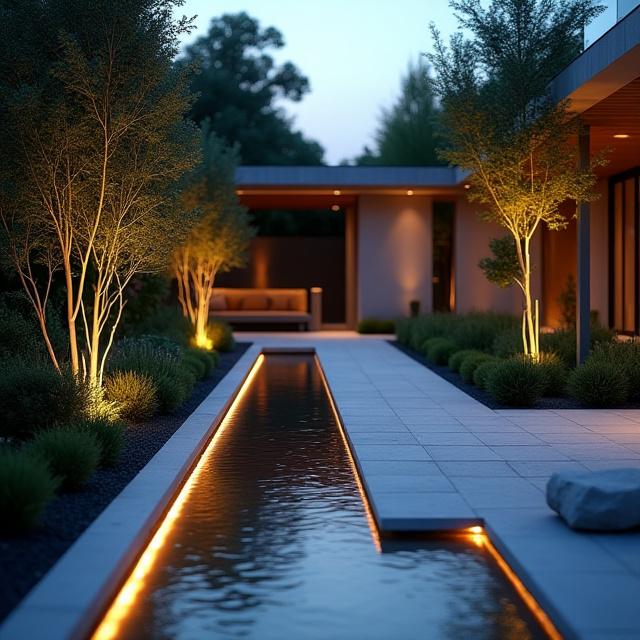 Un giardino moderno con un percorso sull'acqua e illuminazione a LED.