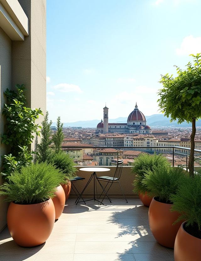Terrazza con vista su Firenze, arredata con vasi di design e piante lussureggianti.