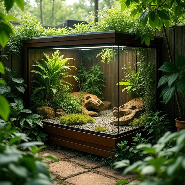 Un terrario naturalistico perfettamente integrato in un angolo di un giardino.