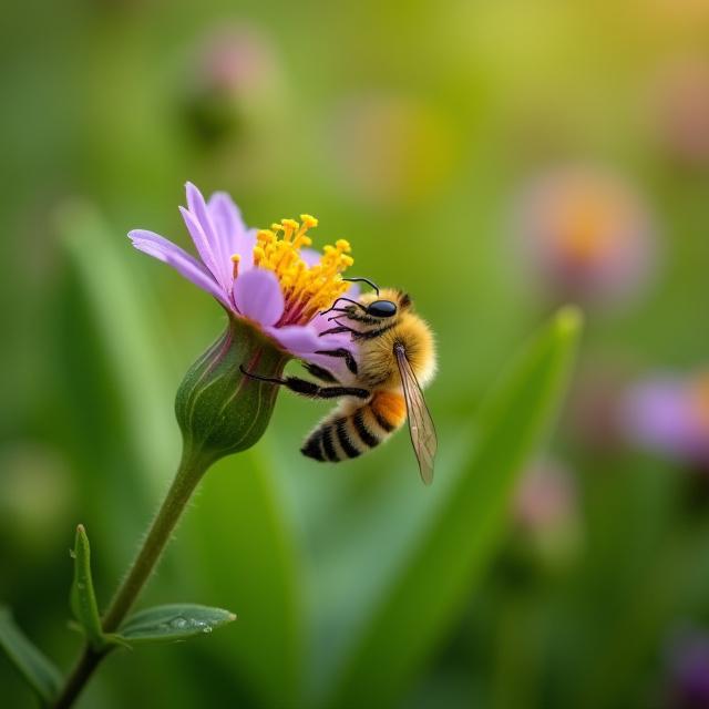 Un giardino con piante autoctone e un'ape in primo piano.